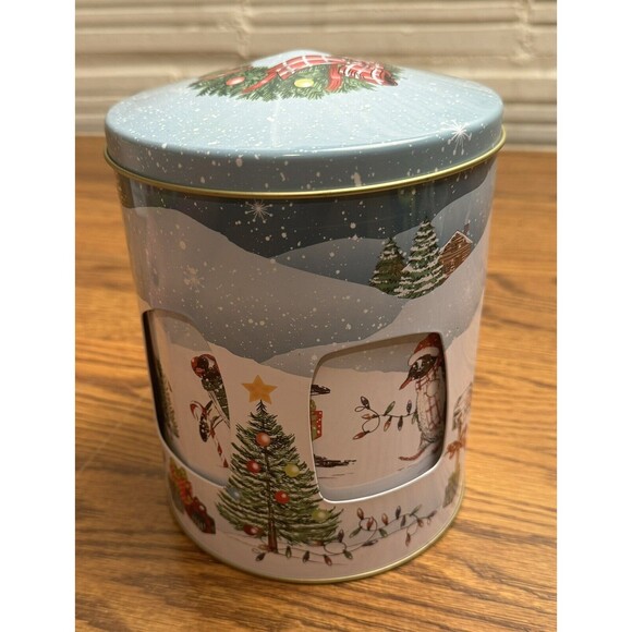 Pier 1 Music Box Cookie Tin Penguin Christmas Blue Rotate Carousel Canister Vtg - Picture 3 of 13